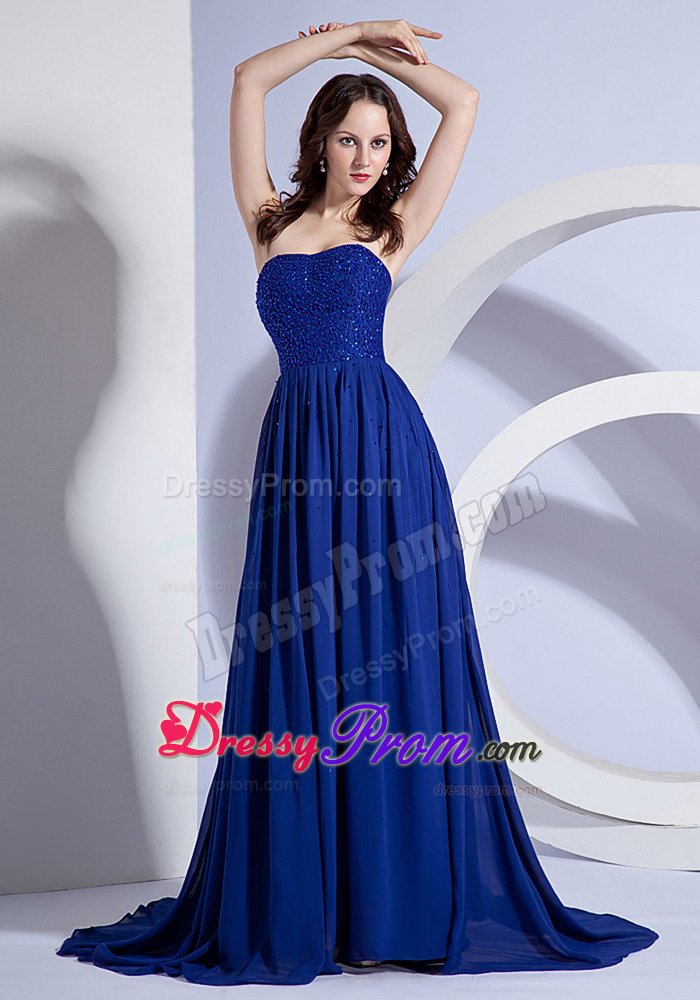 Pleated Blue Beading Chiffon Prom Celebrity Dress with Brush Train