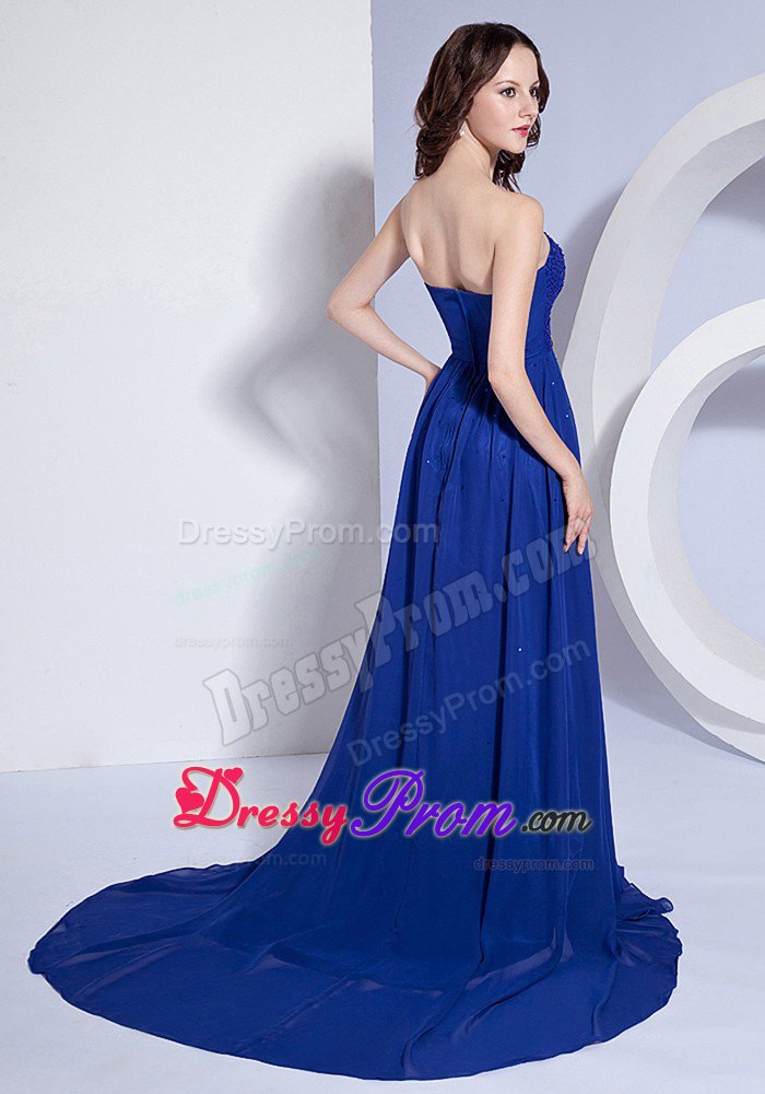 Pleated Blue Beading Chiffon Prom Celebrity Dress with Brush Train