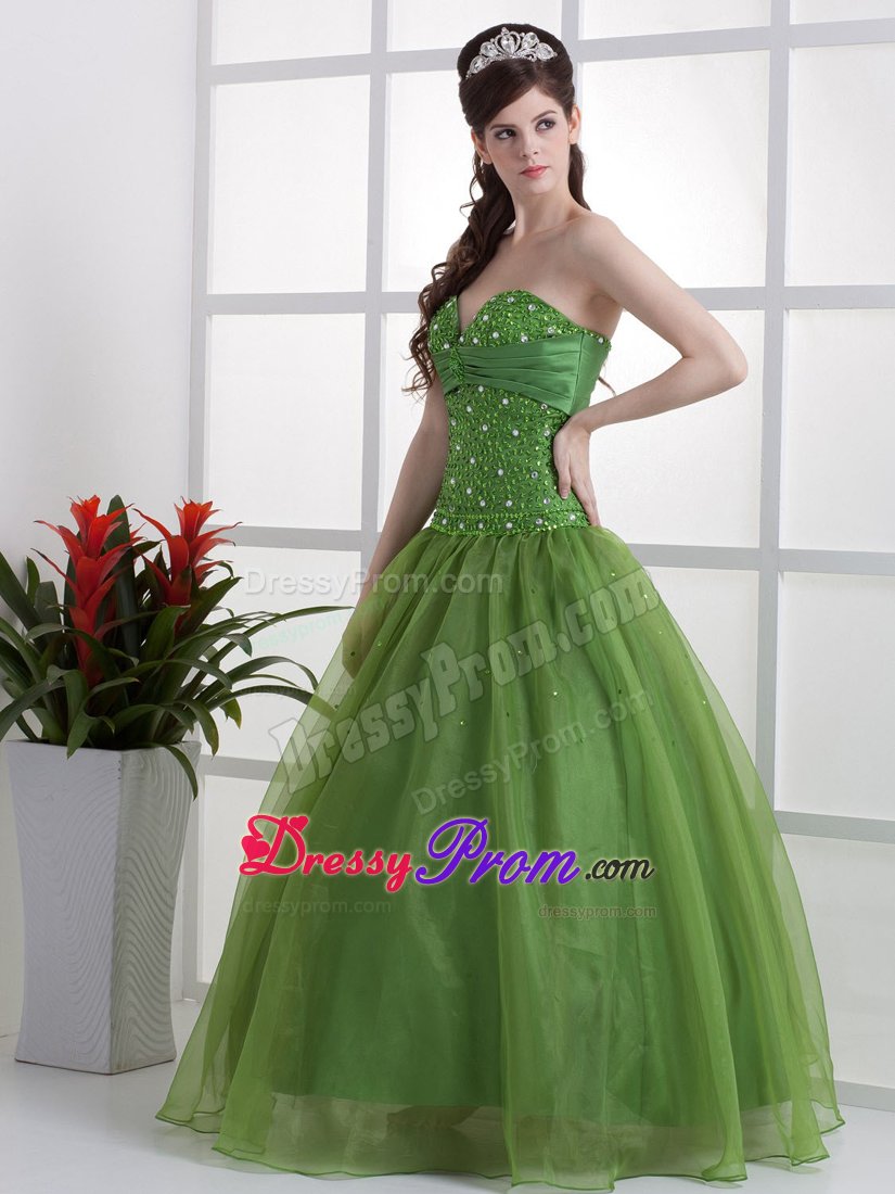 Beaded Organza Olive Green Sweetheart Prom Dresses for Princess
