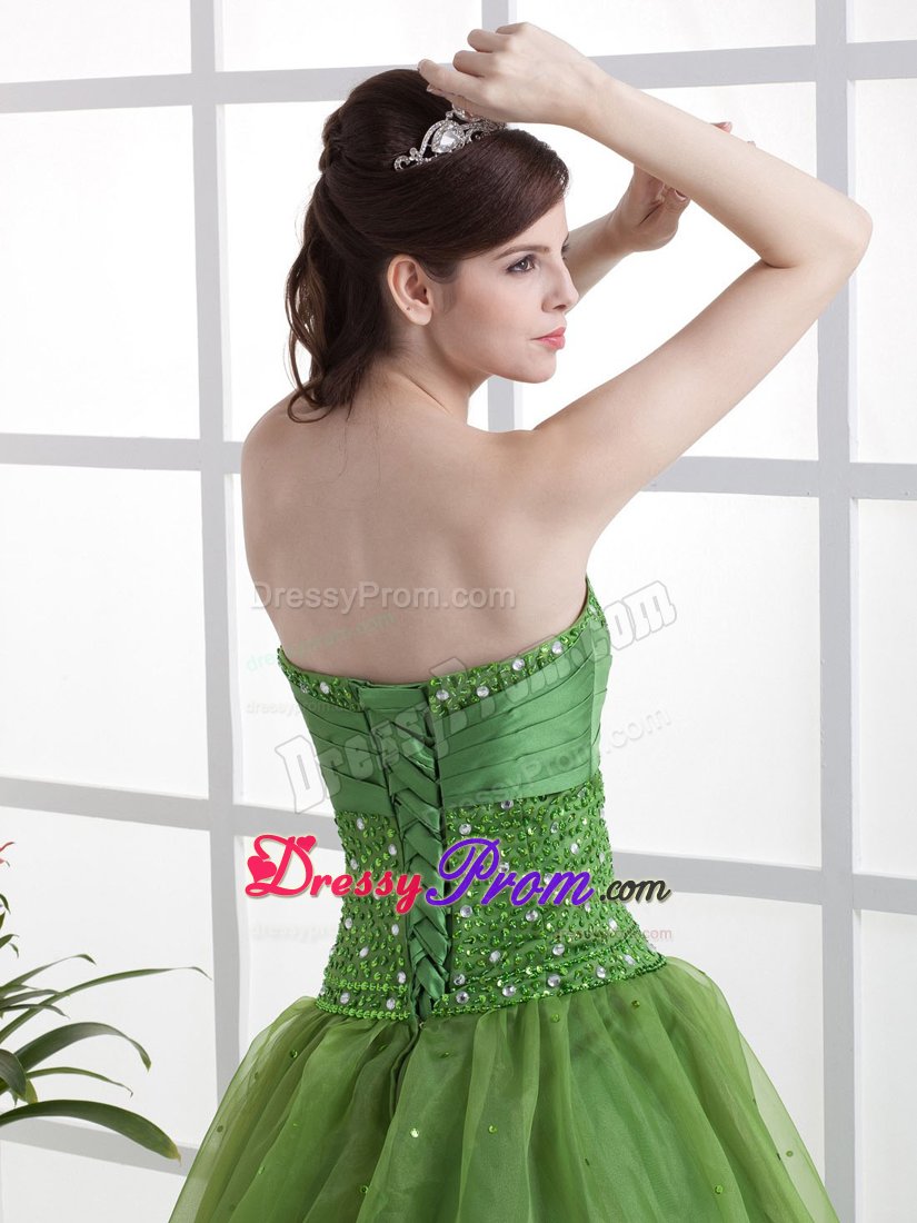 Beaded Organza Olive Green Sweetheart Prom Dresses for Princess