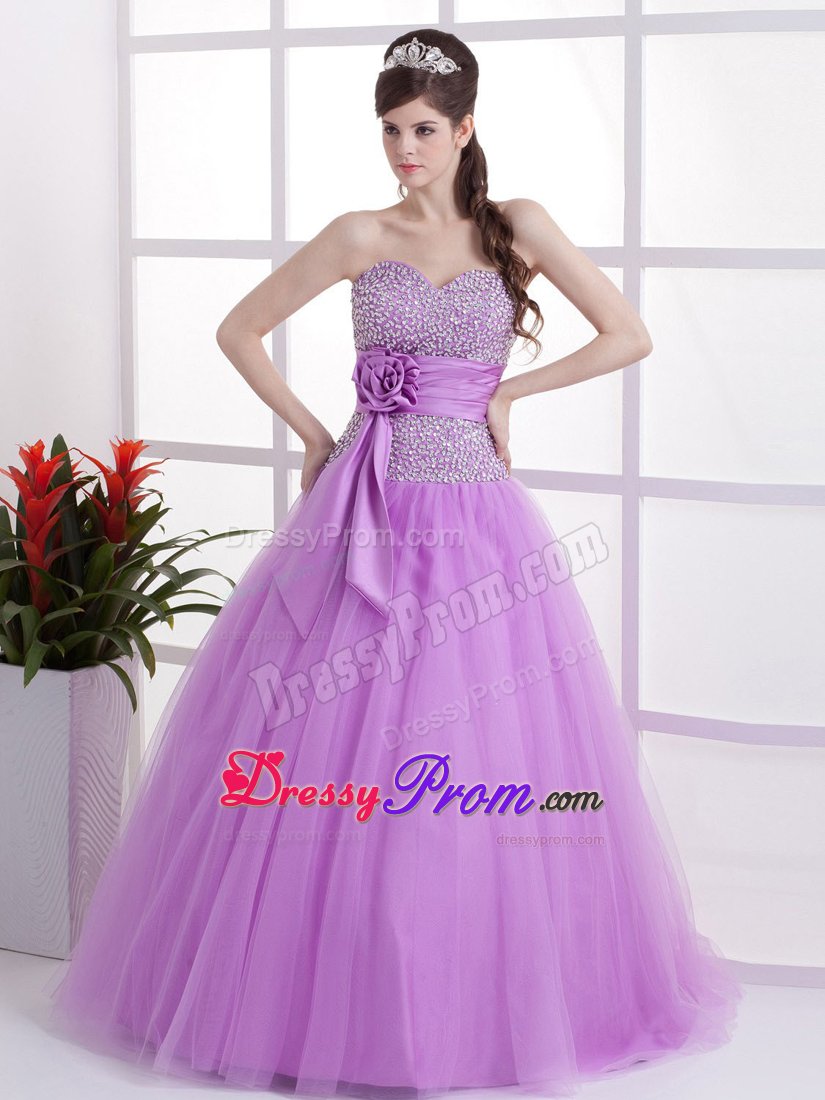 Hand Made Flower Lavender Beaded Tulle Prom Holiday Dresses