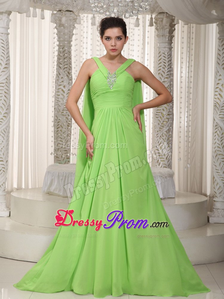 V-neck Spring Green Ruched Watteau Chiffon Beading Prom Dresses