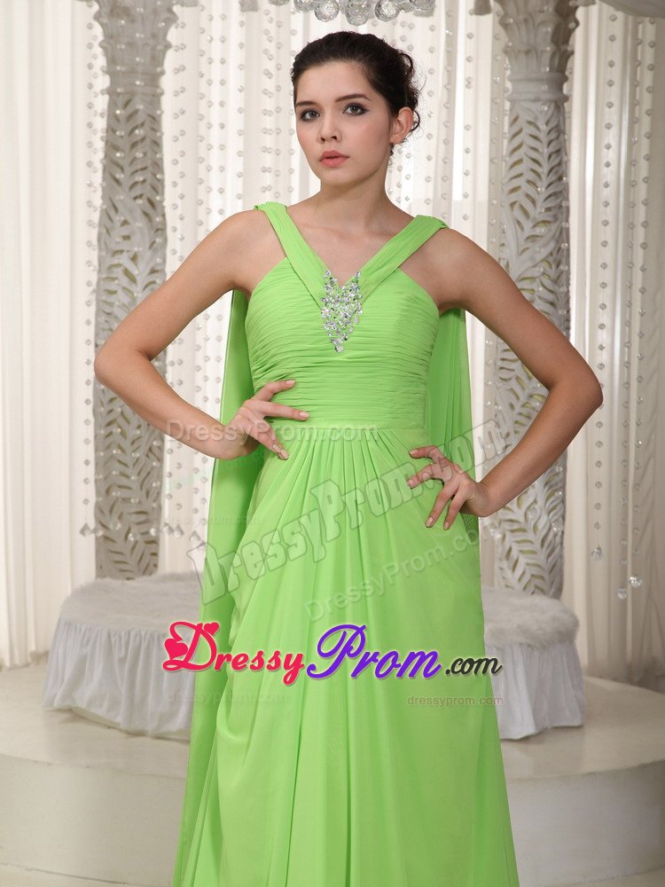 V-neck Spring Green Ruched Watteau Chiffon Beading Prom Dresses