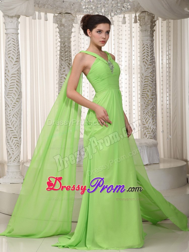 V-neck Spring Green Ruched Watteau Chiffon Beading Prom Dresses