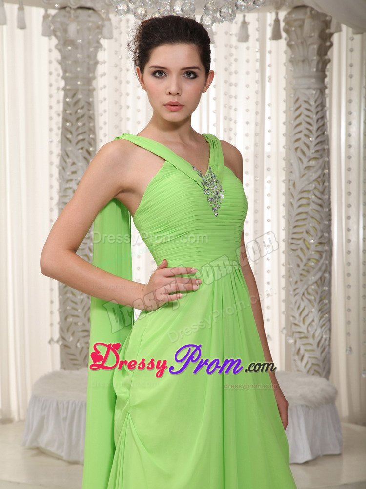 V-neck Spring Green Ruched Watteau Chiffon Beading Prom Dresses