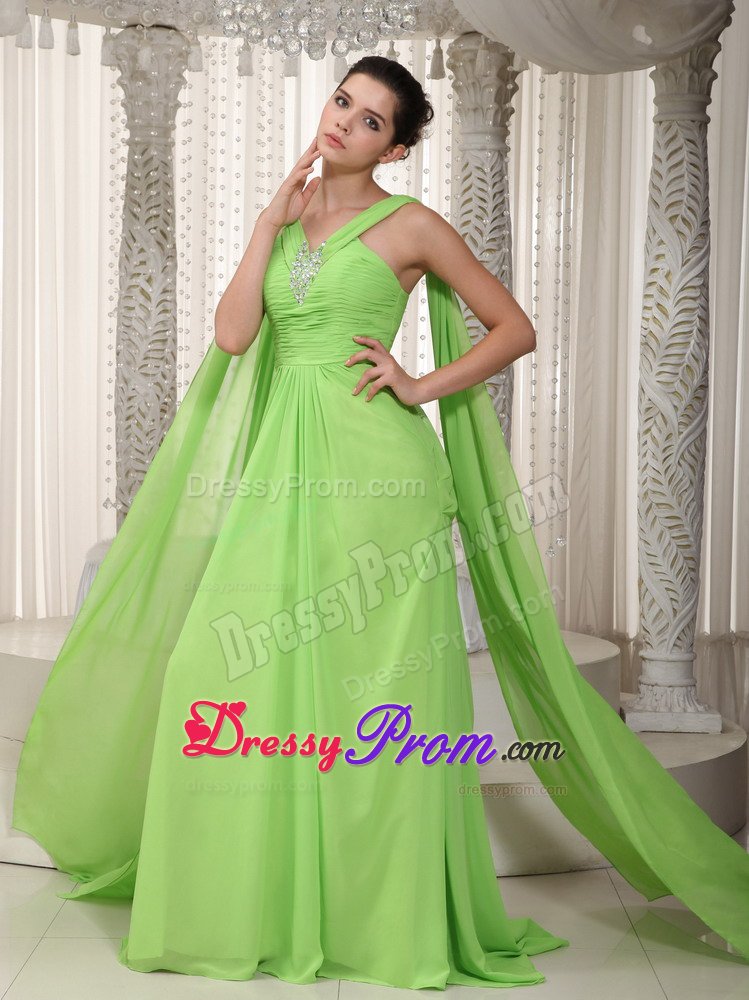 V-neck Spring Green Ruched Watteau Chiffon Beading Prom Dresses