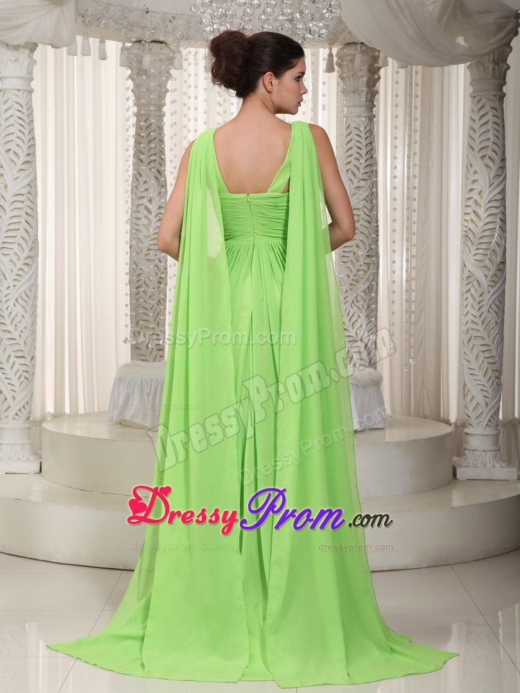 V-neck Spring Green Ruched Watteau Chiffon Beading Prom Dresses