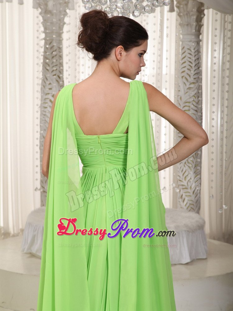 V-neck Spring Green Ruched Watteau Chiffon Beading Prom Dresses