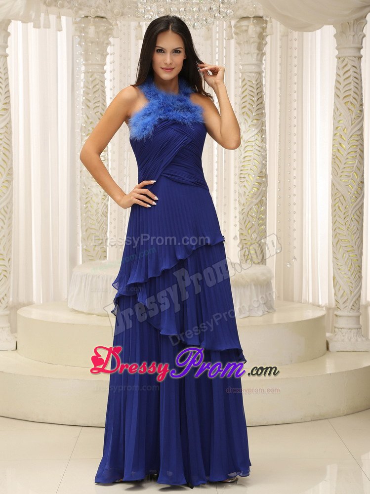 Feather Halter Pleated Royal Blue Chiffon Prom Graduation Dresses