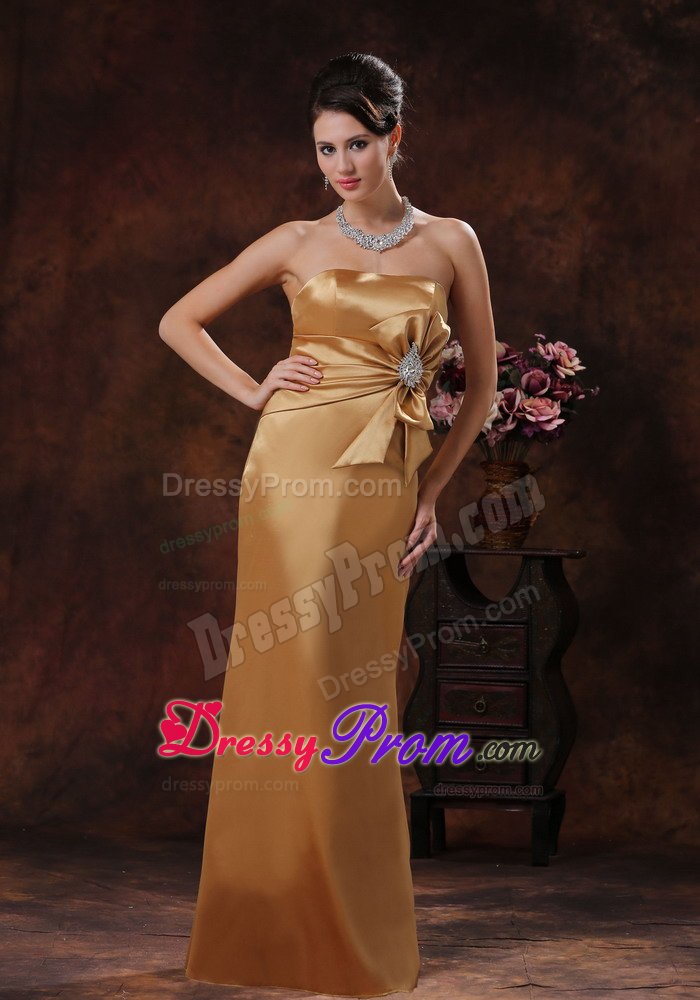Mermaid Strapless Beaded and Bowknot Prom Gown Dress in Gold