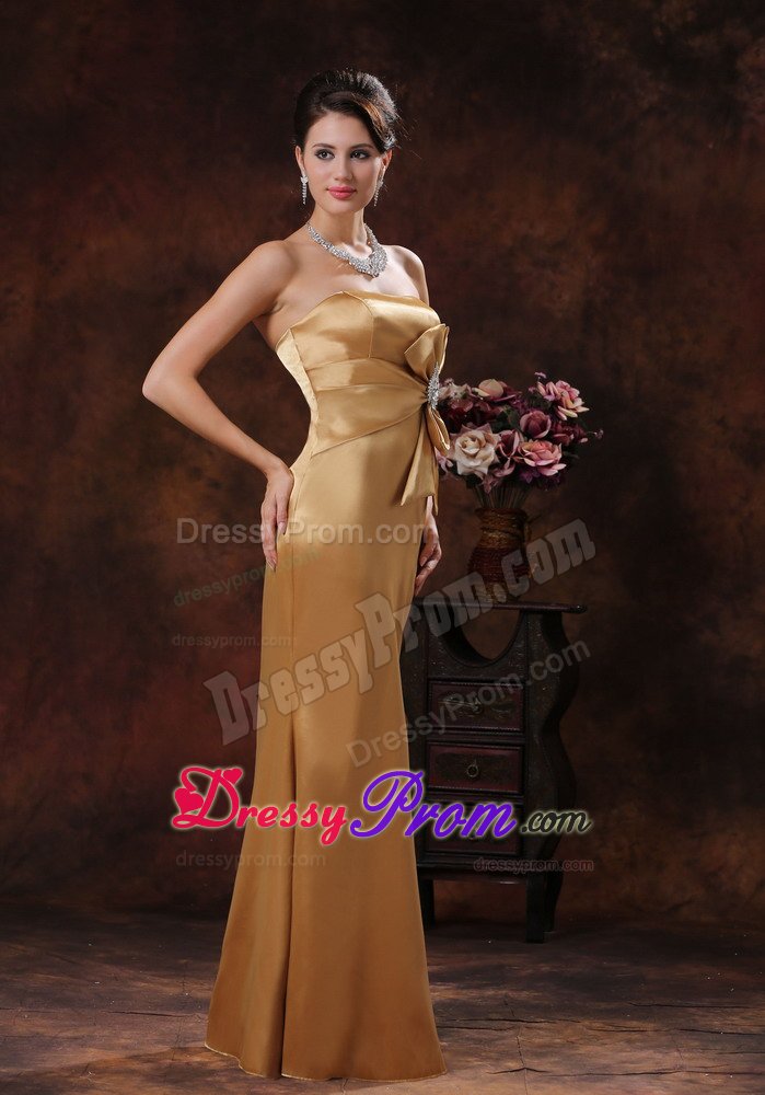 Mermaid Strapless Beaded and Bowknot Prom Gown Dress in Gold
