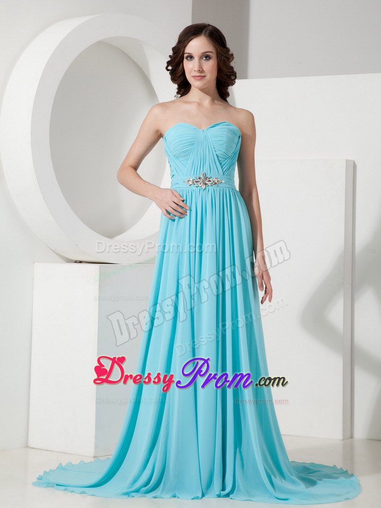 Empire Sweetheart Aqua Blue Beading Brush Train Prom Gowns