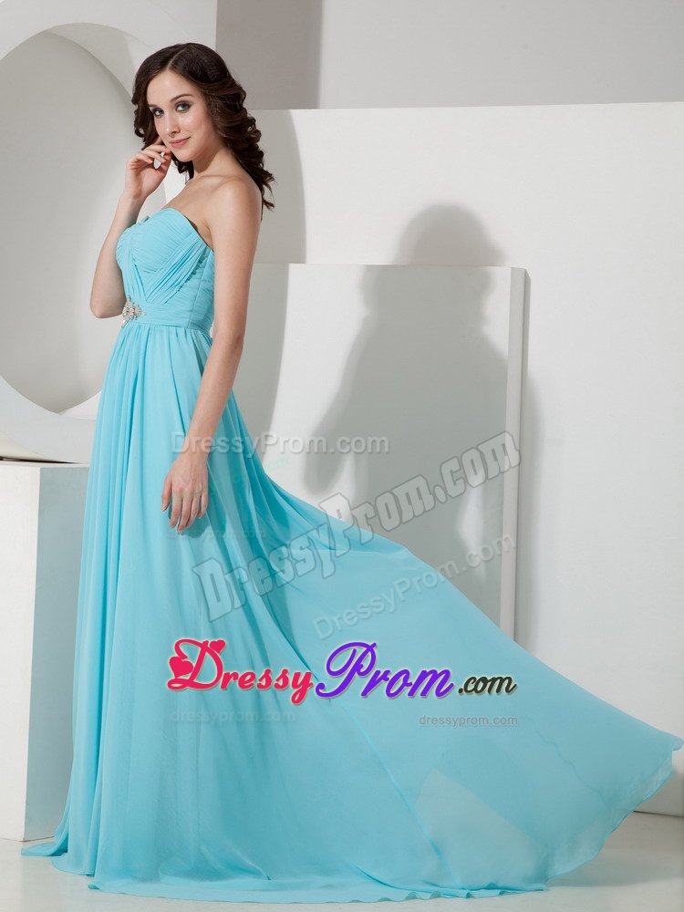 Empire Sweetheart Aqua Blue Beading Brush Train Prom Gowns