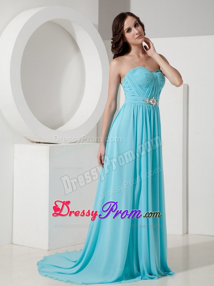Empire Sweetheart Aqua Blue Beading Brush Train Prom Gowns