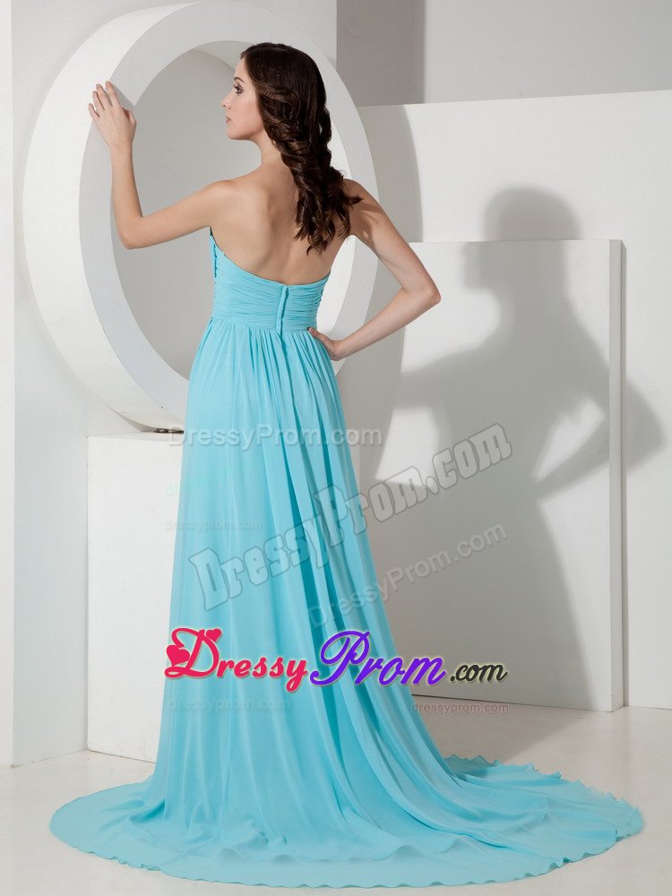 Empire Sweetheart Aqua Blue Beading Brush Train Prom Gowns