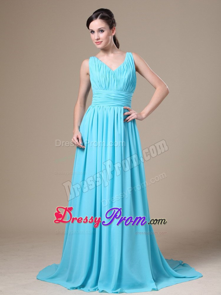 Aqua Blue V-neck Ruched Small Train Lady of the Evening Dresses