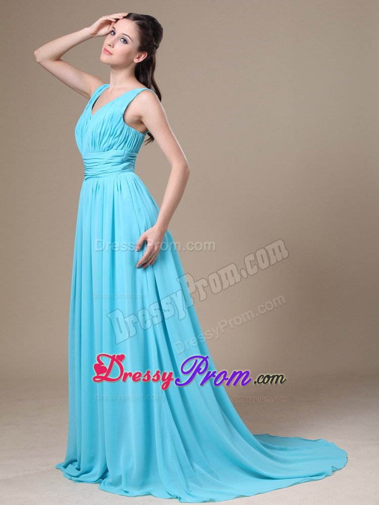 Aqua Blue V-neck Ruched Small Train Lady of the Evening Dresses
