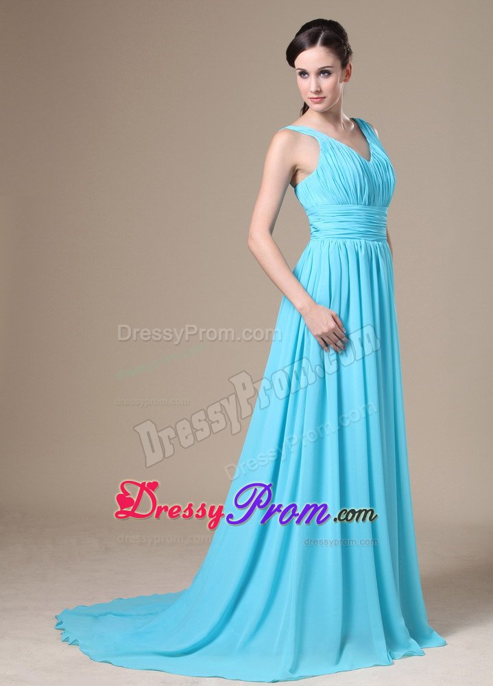 Aqua Blue V-neck Ruched Small Train Lady of the Evening Dresses