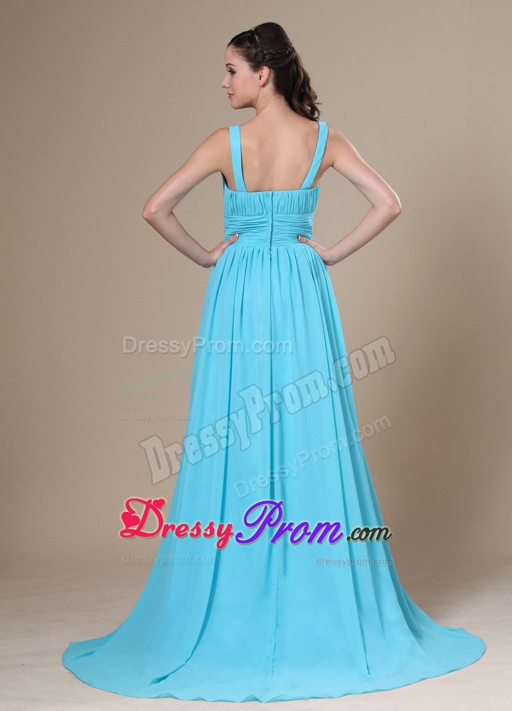 Aqua Blue V-neck Ruched Small Train Lady of the Evening Dresses