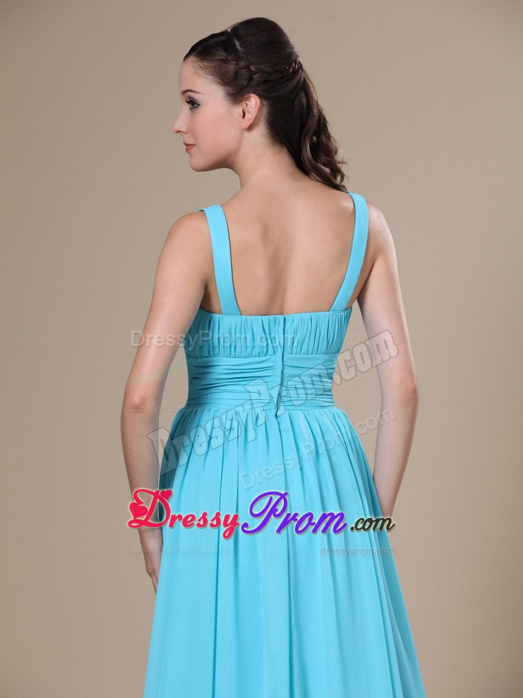 Aqua Blue V-neck Ruched Small Train Lady of the Evening Dresses