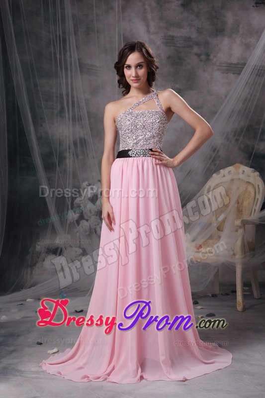 Beaded Baby Pink Empire One Shoulder Prom Dress with Brush Train