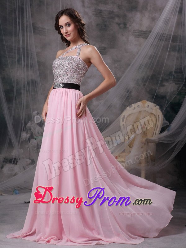 Beaded Baby Pink Empire One Shoulder Prom Dress with Brush Train