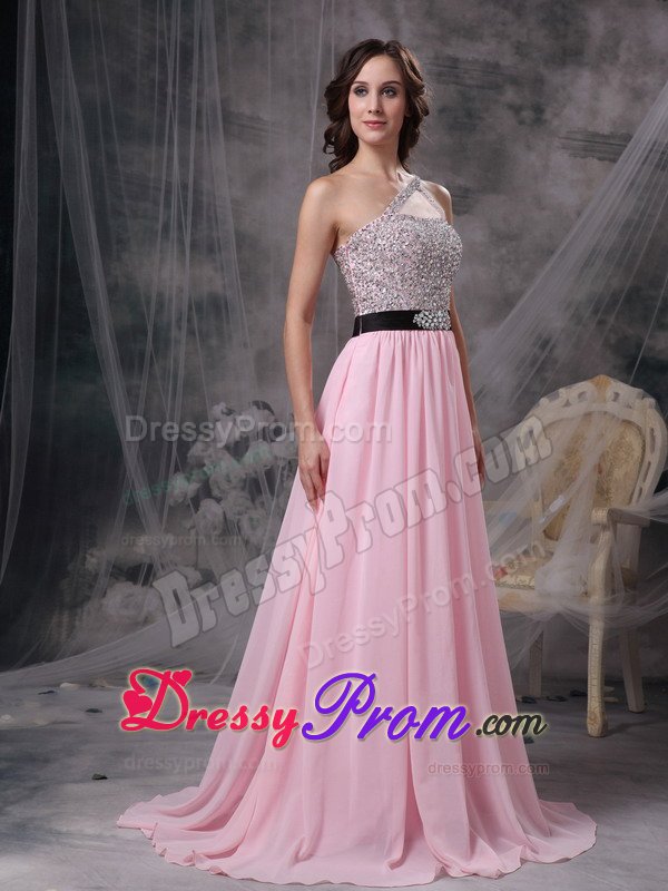 Beaded Baby Pink Empire One Shoulder Prom Dress with Brush Train