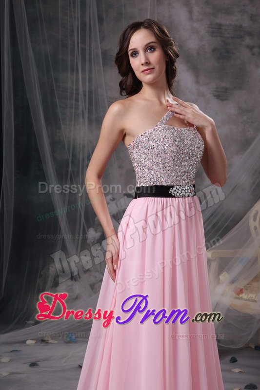 Beaded Baby Pink Empire One Shoulder Prom Dress with Brush Train