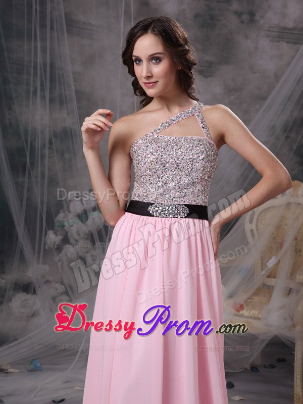Beaded Baby Pink Empire One Shoulder Prom Dress with Brush Train