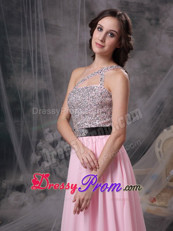 Beaded Baby Pink Empire One Shoulder Prom Dress with Brush Train