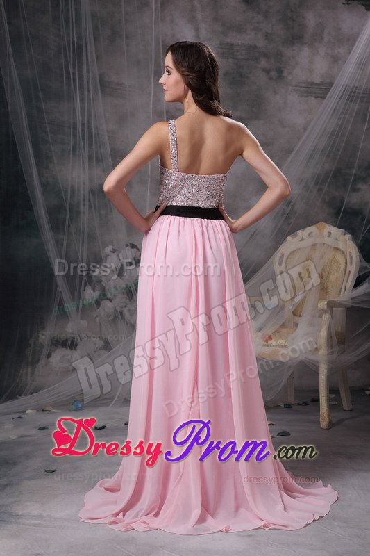 Beaded Baby Pink Empire One Shoulder Prom Dress with Brush Train