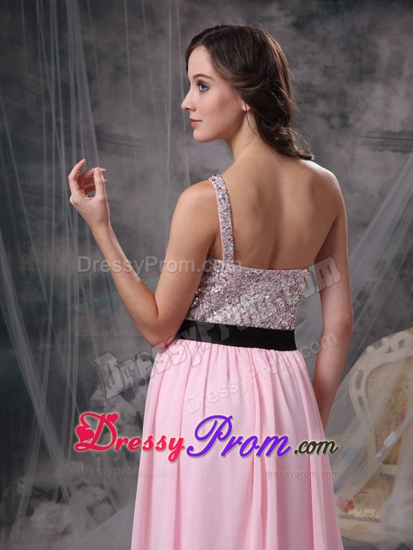 Beaded Baby Pink Empire One Shoulder Prom Dress with Brush Train
