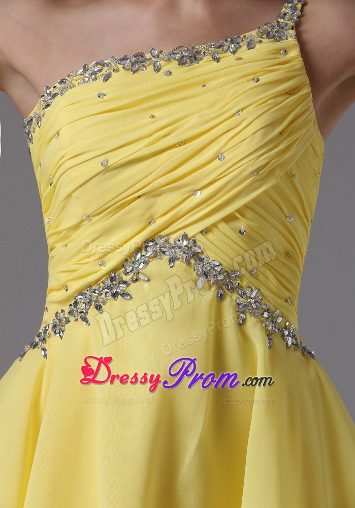 Mini Beading One Shoulder Yellow Dresses For End Of Year Socials