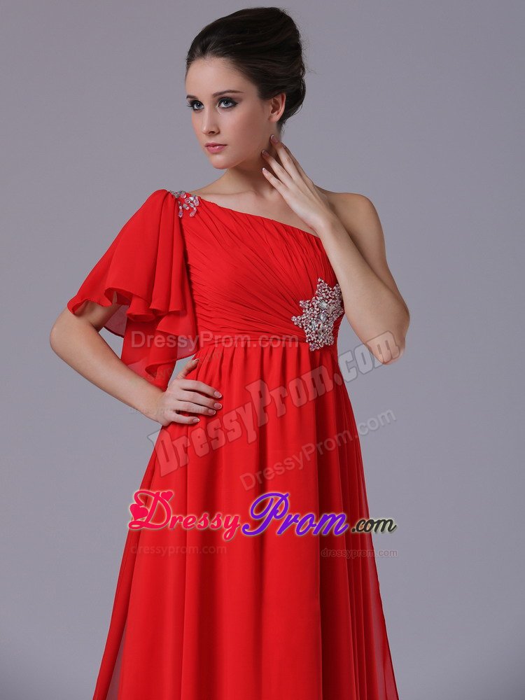 Butterfly Sleeve One Shoulder Red Prom Dress with Beading Appliques
