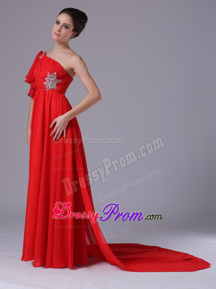 Butterfly Sleeve One Shoulder Red Prom Dress with Beading Appliques