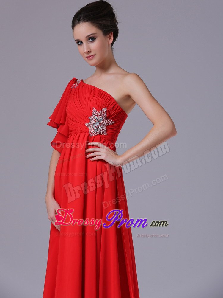Butterfly Sleeve One Shoulder Red Prom Dress with Beading Appliques