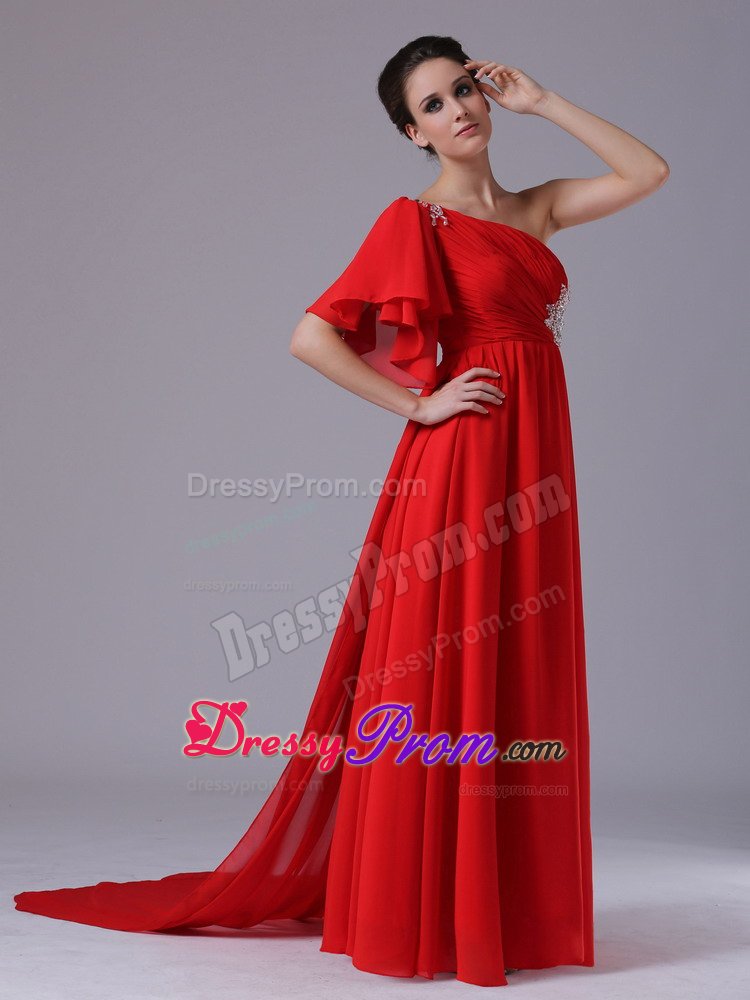Butterfly Sleeve One Shoulder Red Prom Dress with Beading Appliques