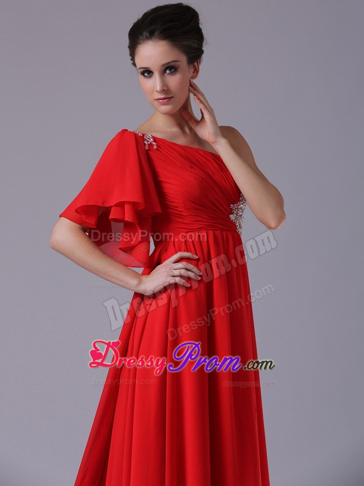 Butterfly Sleeve One Shoulder Red Prom Dress with Beading Appliques