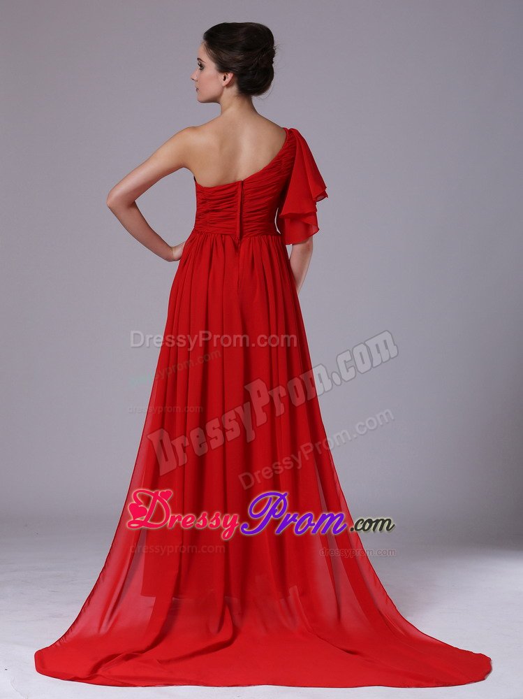 Butterfly Sleeve One Shoulder Red Prom Dress with Beading Appliques