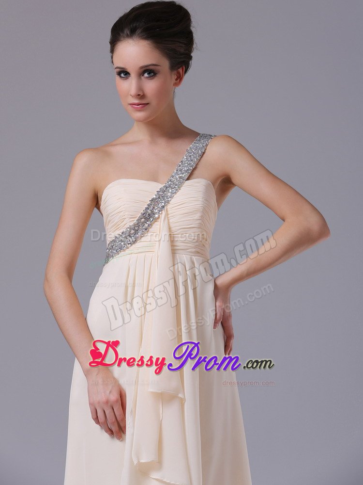 Champagne Beading One Shoulder Prom Dress with Asymmetrical Ruffles