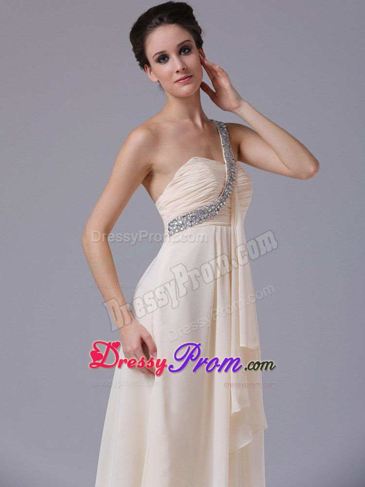 Champagne Beading One Shoulder Prom Dress with Asymmetrical Ruffles