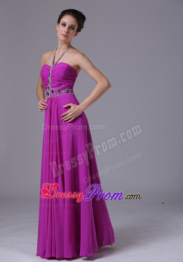 Halter Beading Fuchsia Chiffon 2013 Prom Dress Floor-length