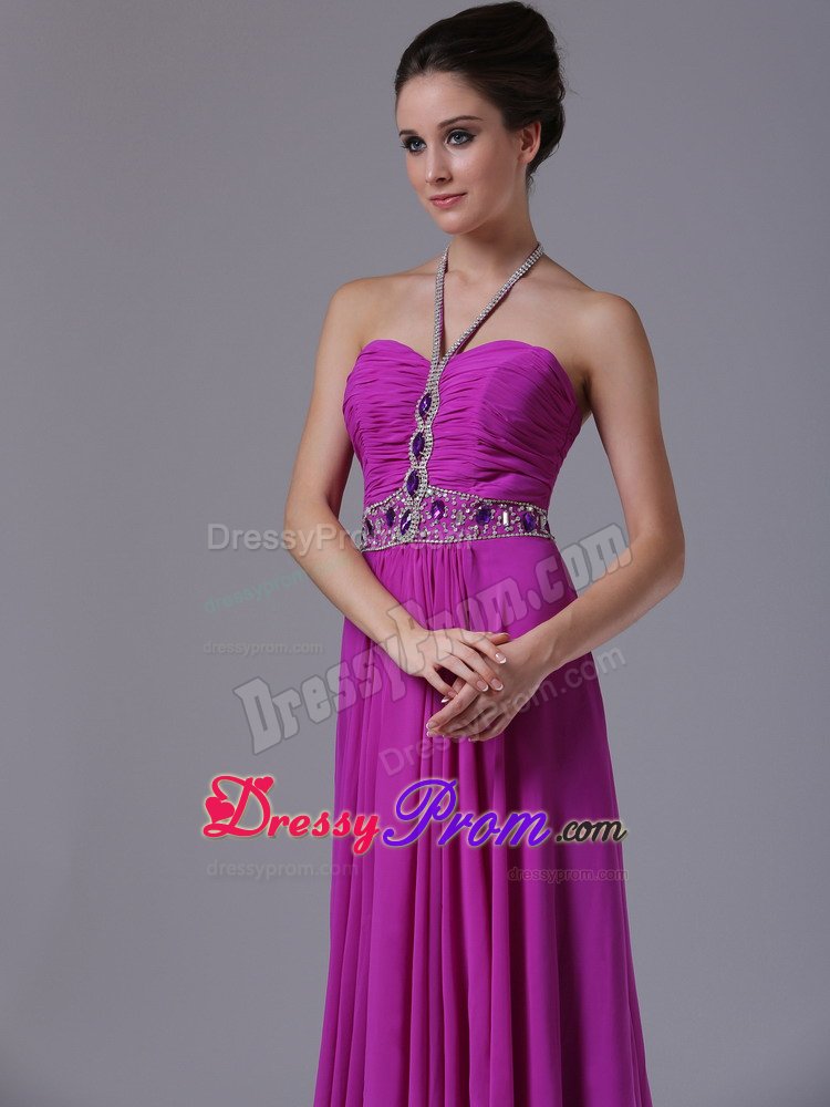 Halter Beading Fuchsia Chiffon 2013 Prom Dress Floor-length