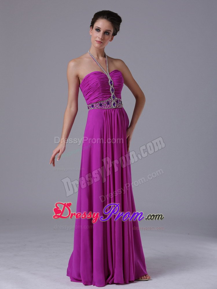 Halter Beading Fuchsia Chiffon 2013 Prom Dress Floor-length