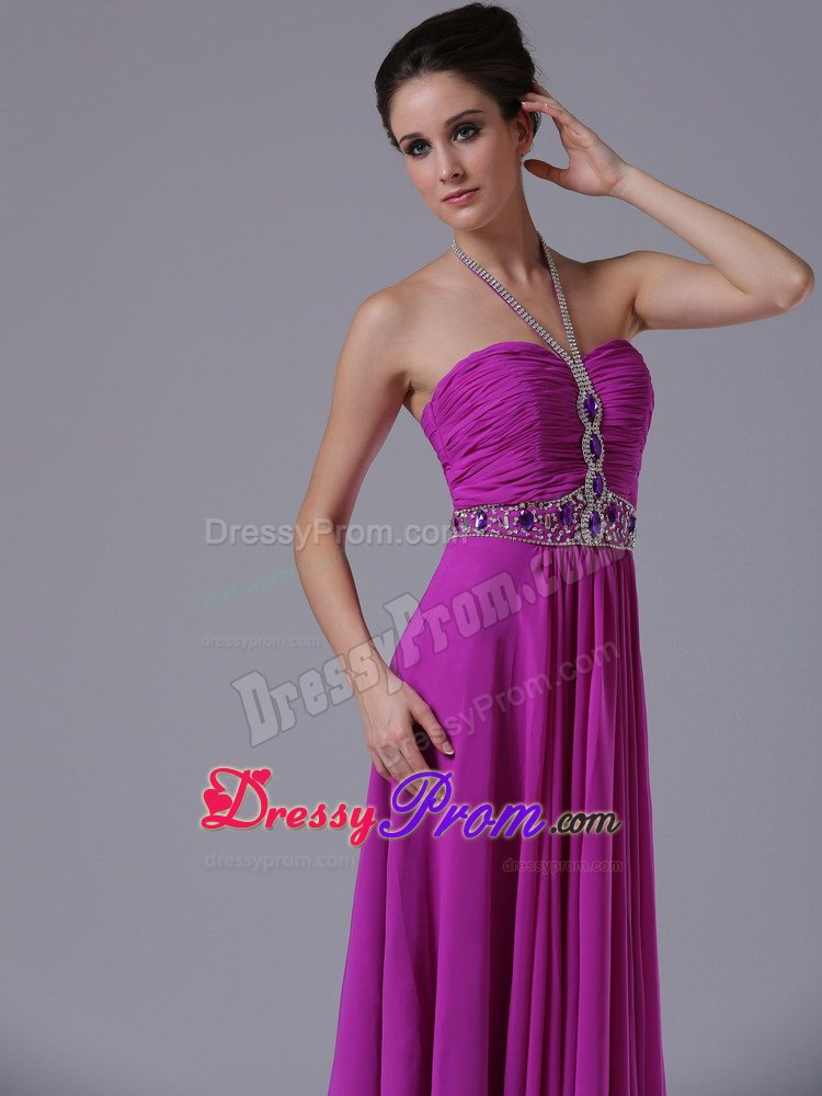 Halter Beading Fuchsia Chiffon 2013 Prom Dress Floor-length