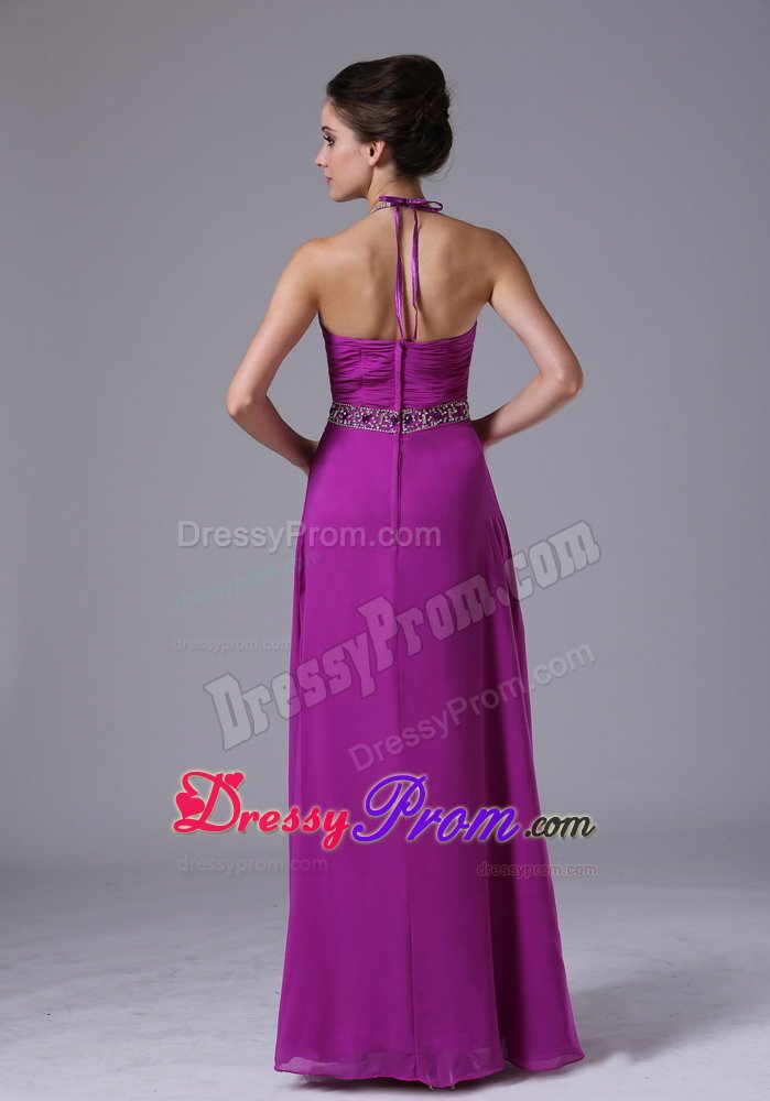 Halter Beading Fuchsia Chiffon 2013 Prom Dress Floor-length