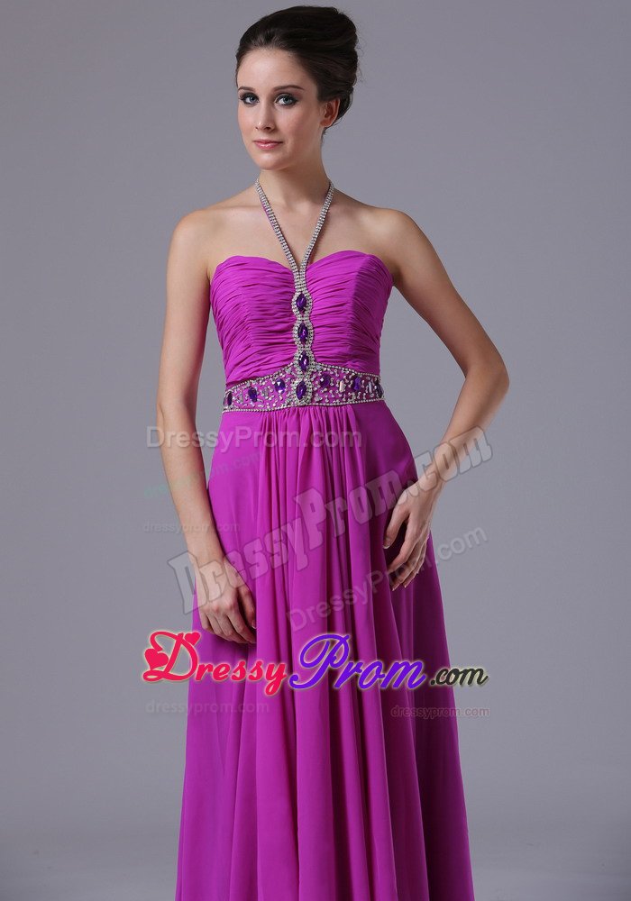 Halter Beading Fuchsia Chiffon 2013 Prom Dress Floor-length