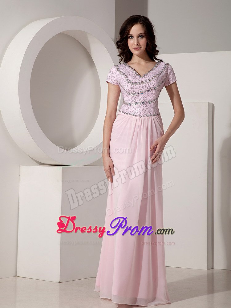 Cap Sleeves V-neck Baby Pink Formal Dresses Beading Floor-length
