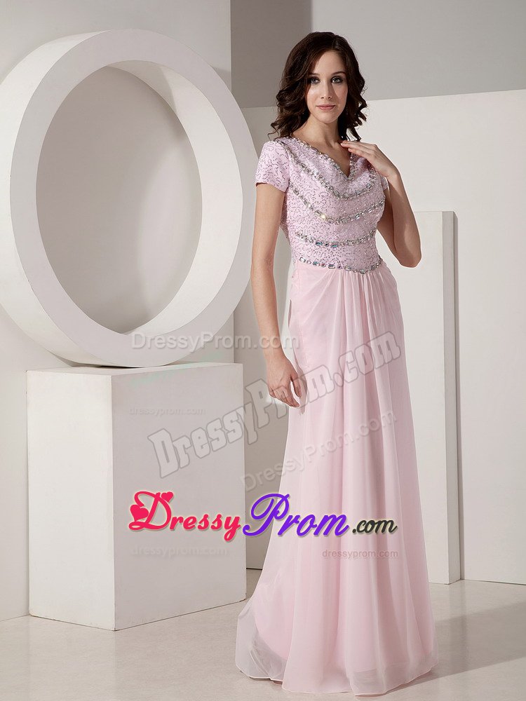 Cap Sleeves V-neck Baby Pink Formal Dresses Beading Floor-length