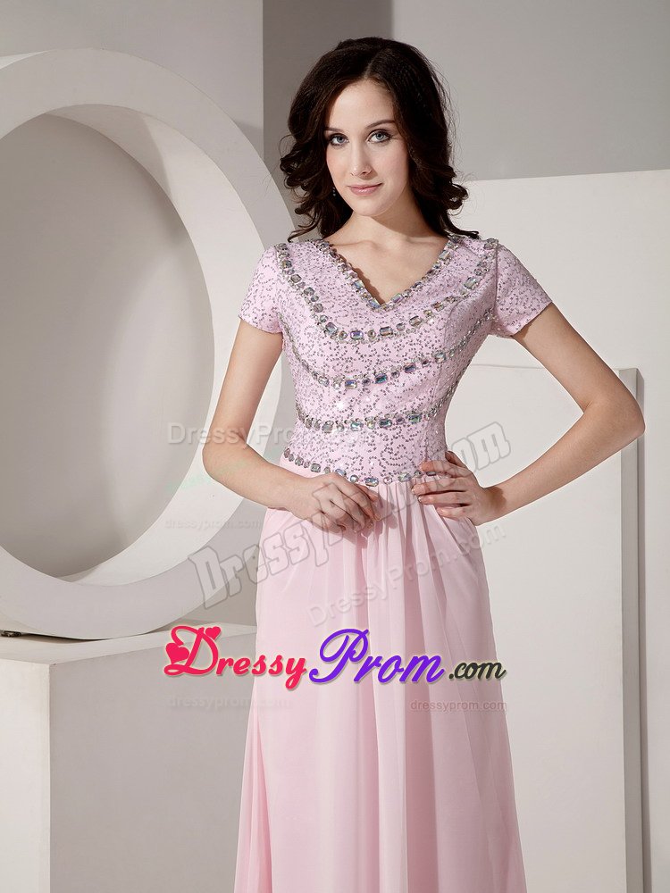 Cap Sleeves V-neck Baby Pink Formal Dresses Beading Floor-length